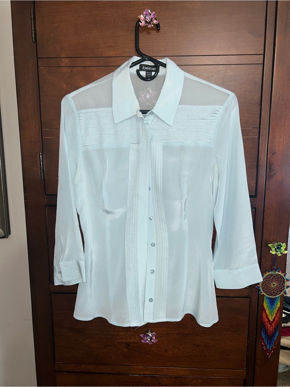 NWOT! Bebe Women's Light Blue Sheer Shimmer Button-Up Dress Shirt size S